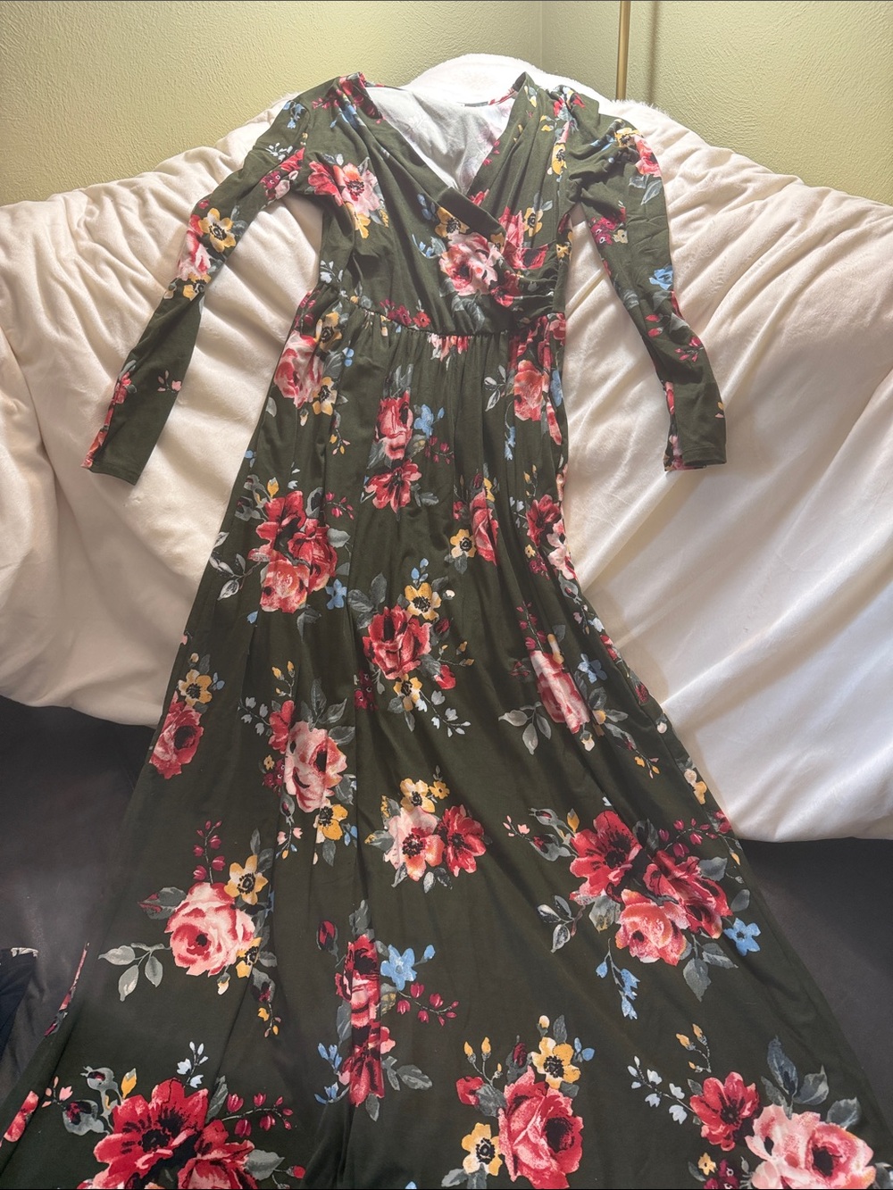 Reborn J Olive Green Floral Wrap Maxi Dress